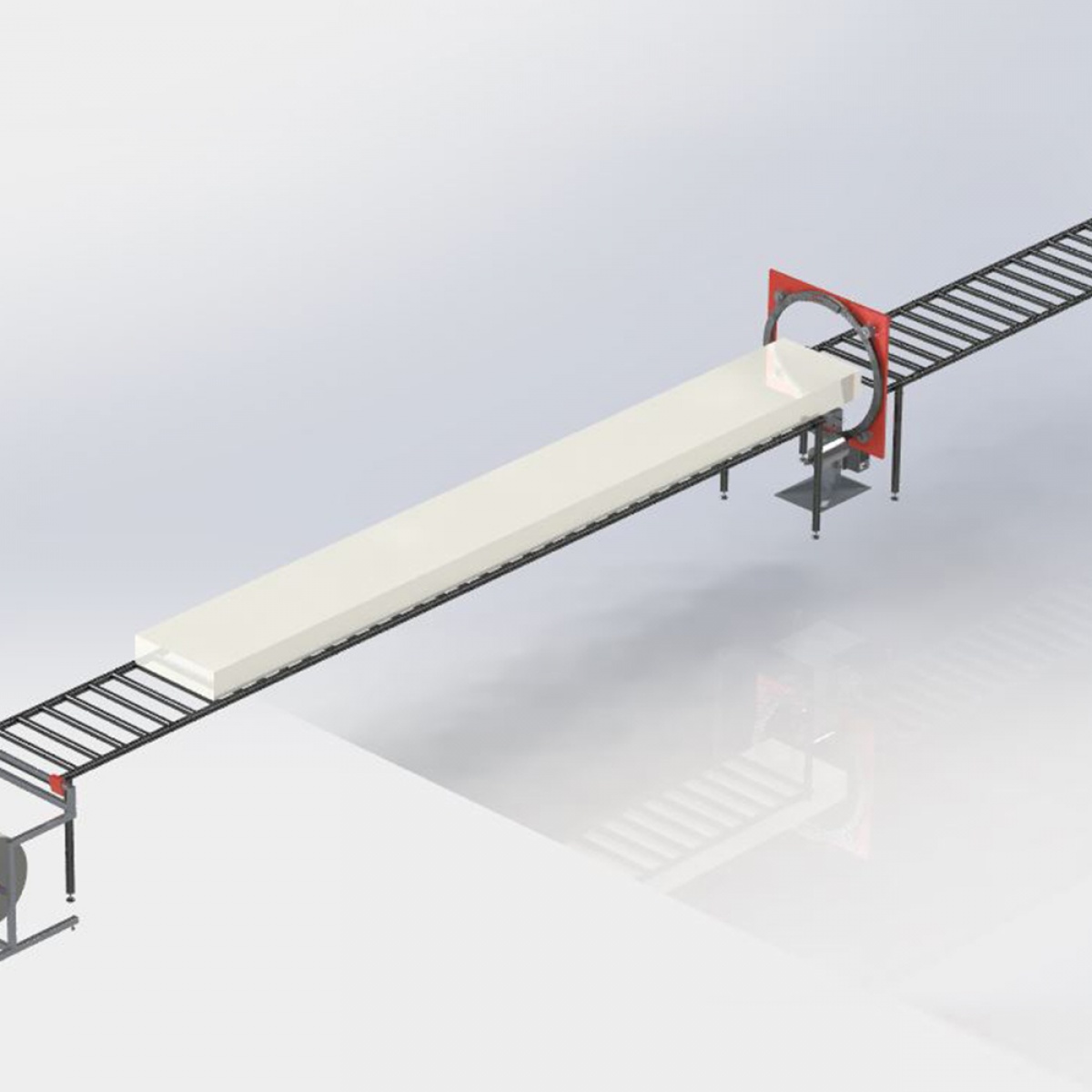 Vizualizácia konfigurácie baliaceho stroja WR1400 s obojstranným valčekovým dopravníkom a odvíjačom prekrývacej fólie pre balenie dlhých zásielok