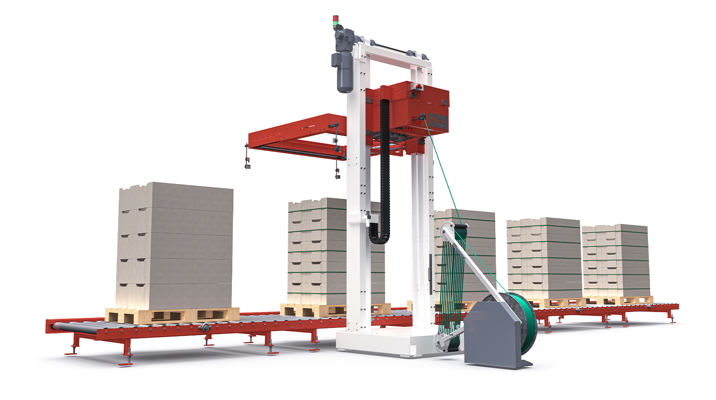 Automatic strapping line for horizontal strapping of pallets with goods