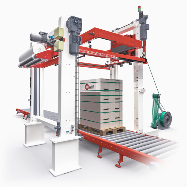 COMBO STRAPPER Automatic horizontal strapping machine combined with an automatic advertising overlay film applicator